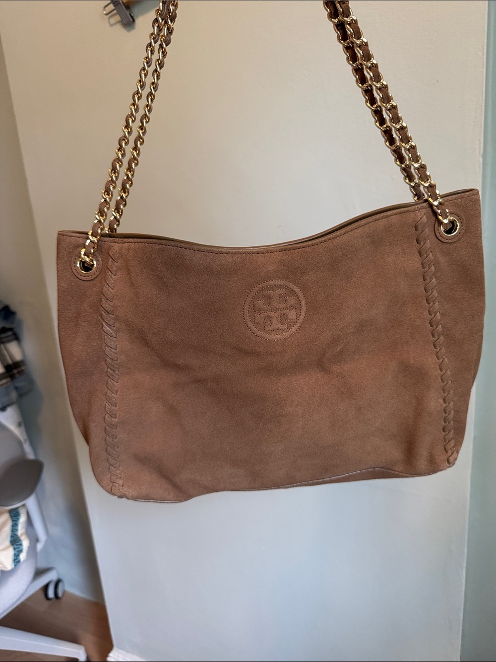 Tory Burch Chestnut Suede Chain-Handle Shoulder Tote